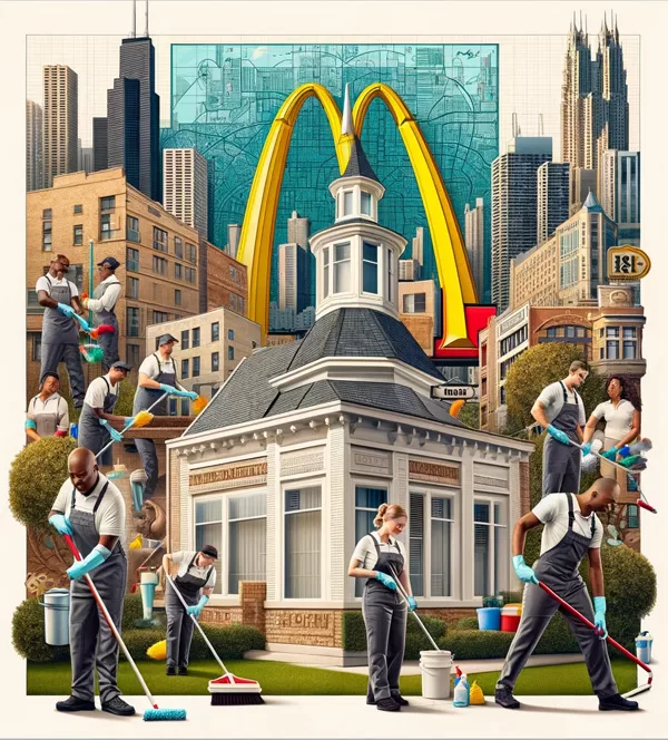 the first McDonald's in Des Plaines as a prominent background element, along with structures of Chicago and the mapping