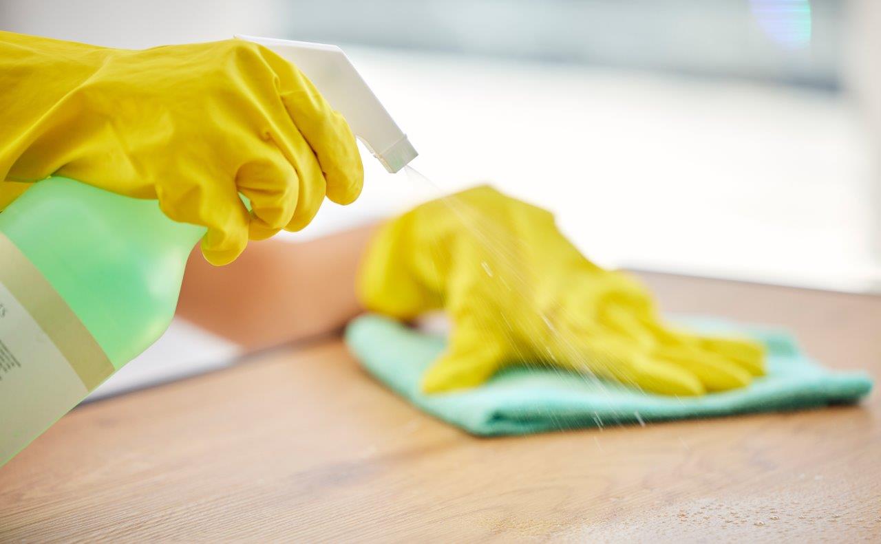 Cleaning spray and hands of woman with table