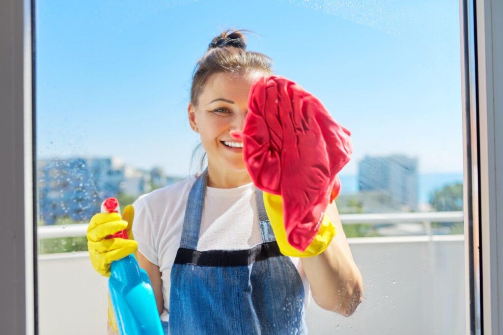 House cleaning woman in rubber gloves washes window