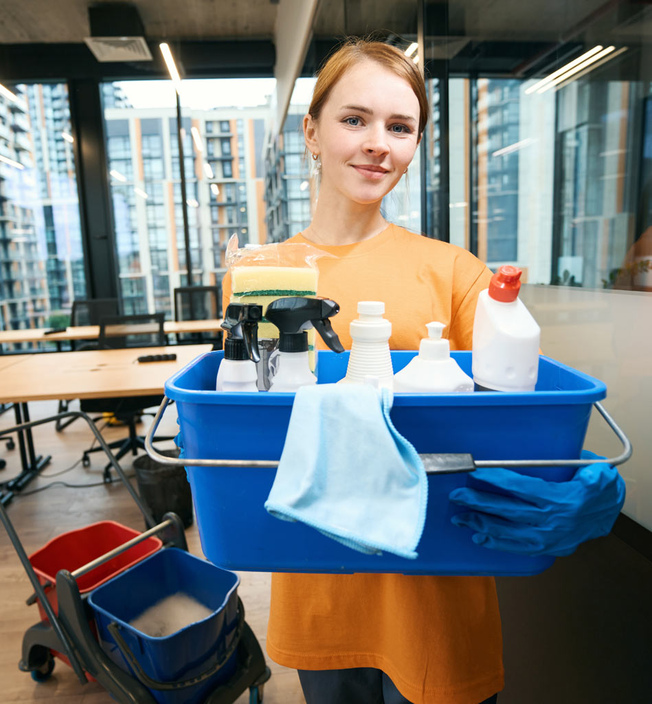 Cleaning lady with bucket and cleaning supplies in an Office