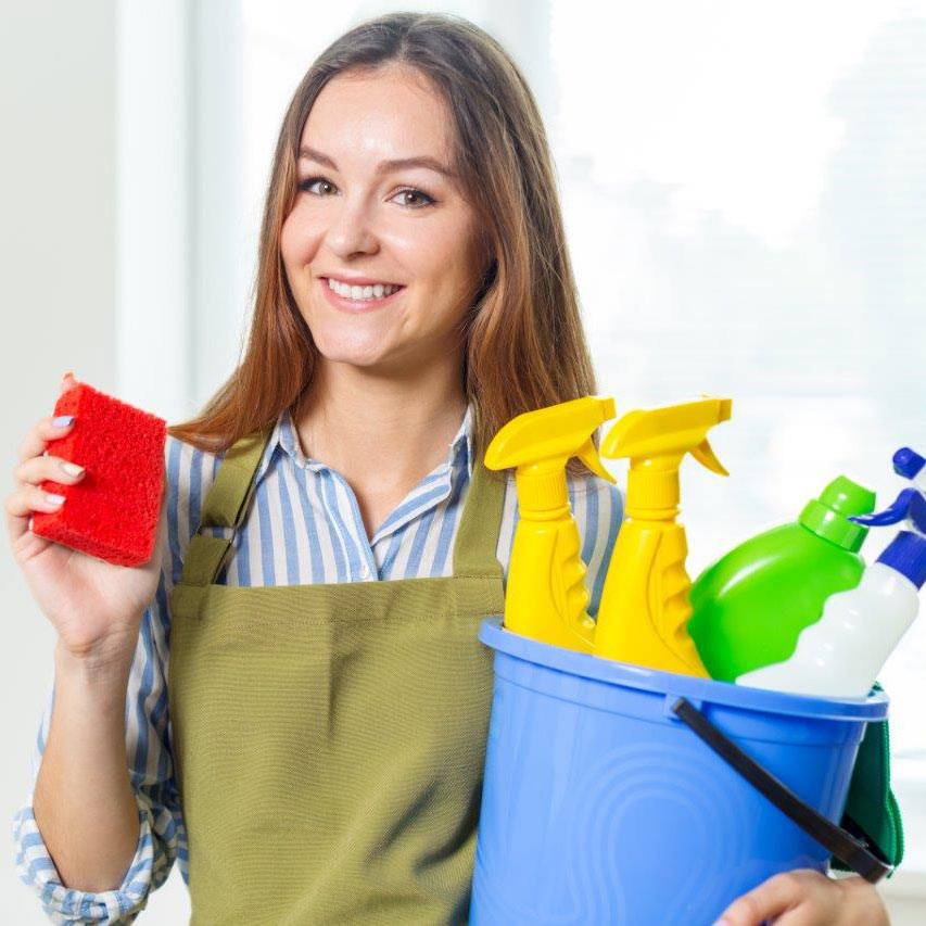 young cleaning lady with sponge and bucket