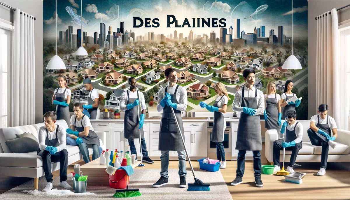 collage depicting a home cleaning maid service in Des Plaines, Illinois. The image features professional cleaners of diverse descents in a home setting, with elements representative of Des Plaines in the background.