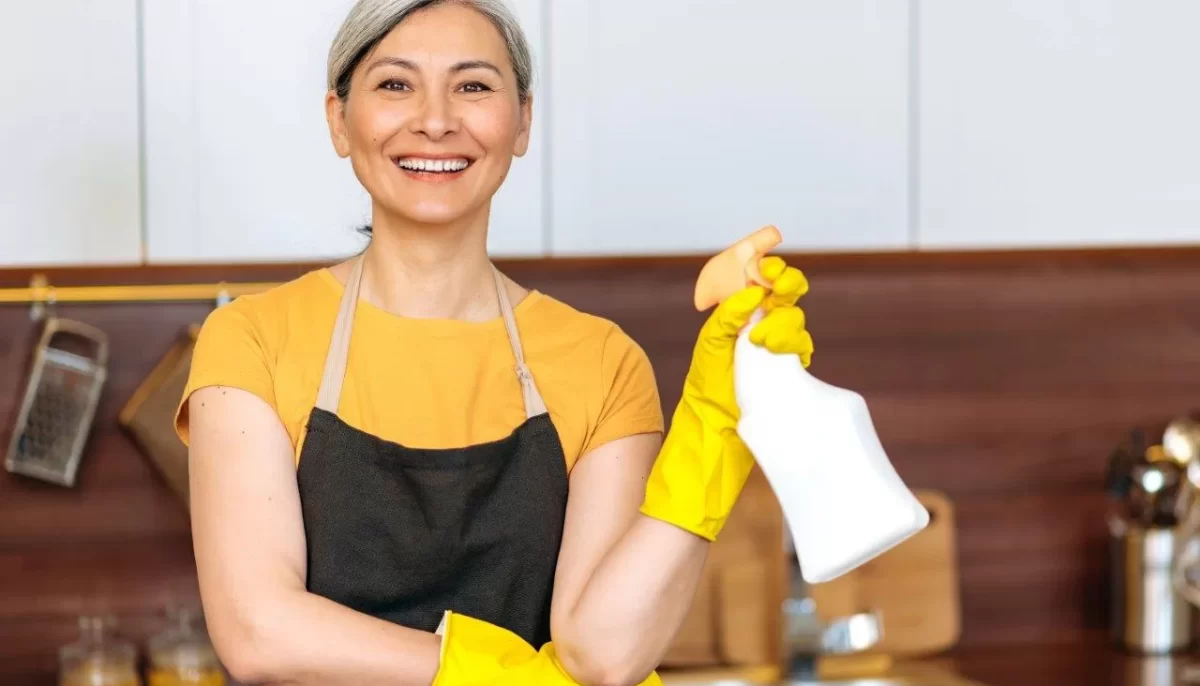 cleaning service cleaner woman maid with apron and sprayer